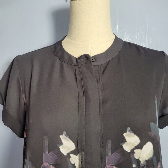 Simply Vera Small Black Pink Floral Hidden Button Dressy Shortsleeve Blouse - Picture 2 of 10
